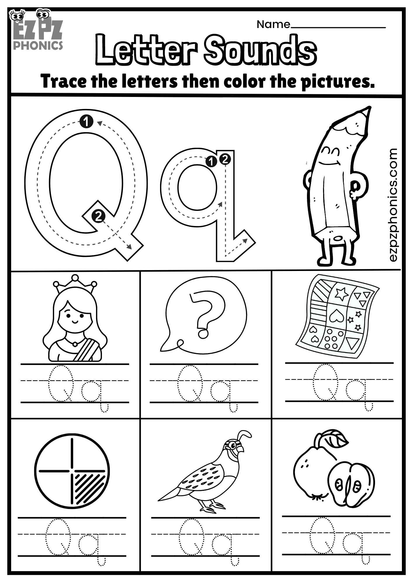 Letter Qq Trace and Color the Pictures Free PDF Download